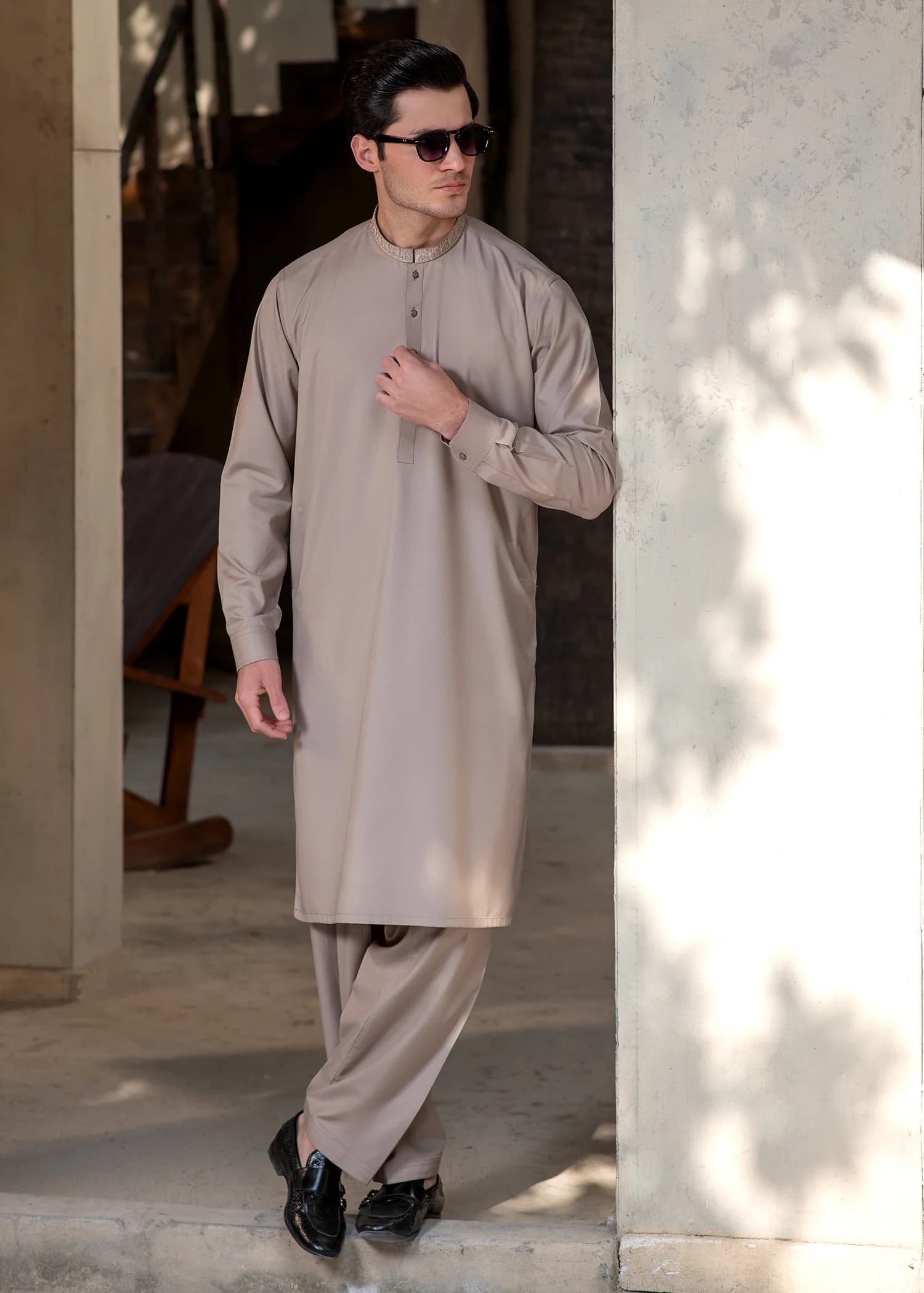 Men's Premium Ban-Embroidered Kameez Shalwar - Light Brown / Classic Fit.