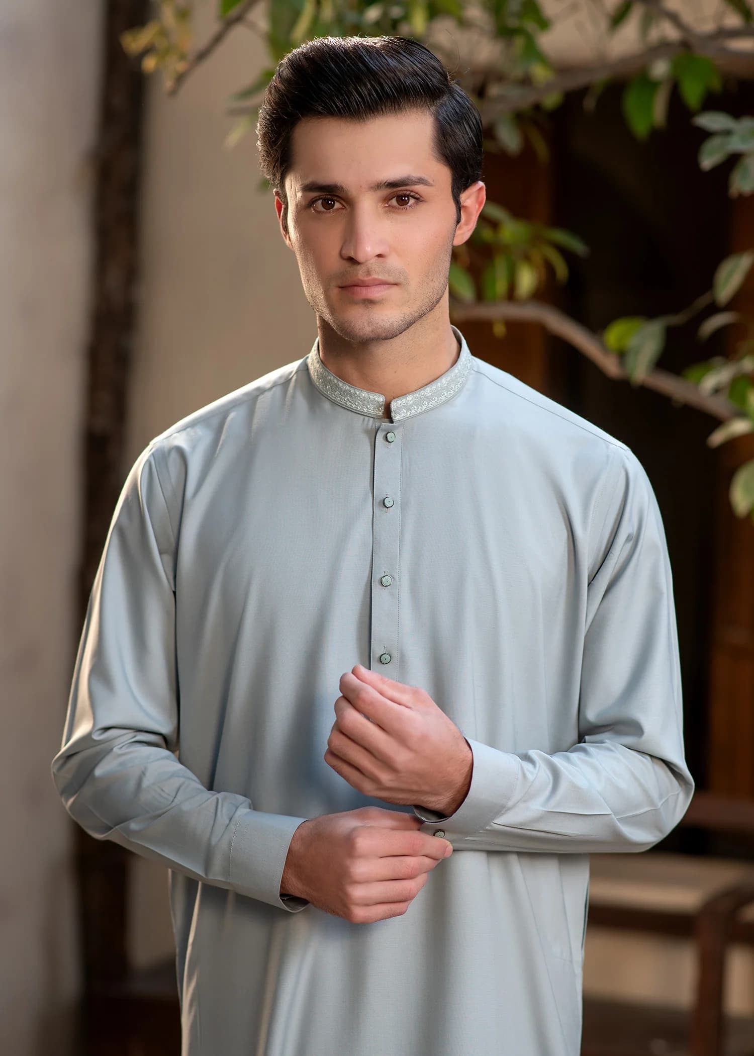 Men's Premium Ban-Embroidered Kameez Shalwar - Pale Dusty Green / Classic Fit.