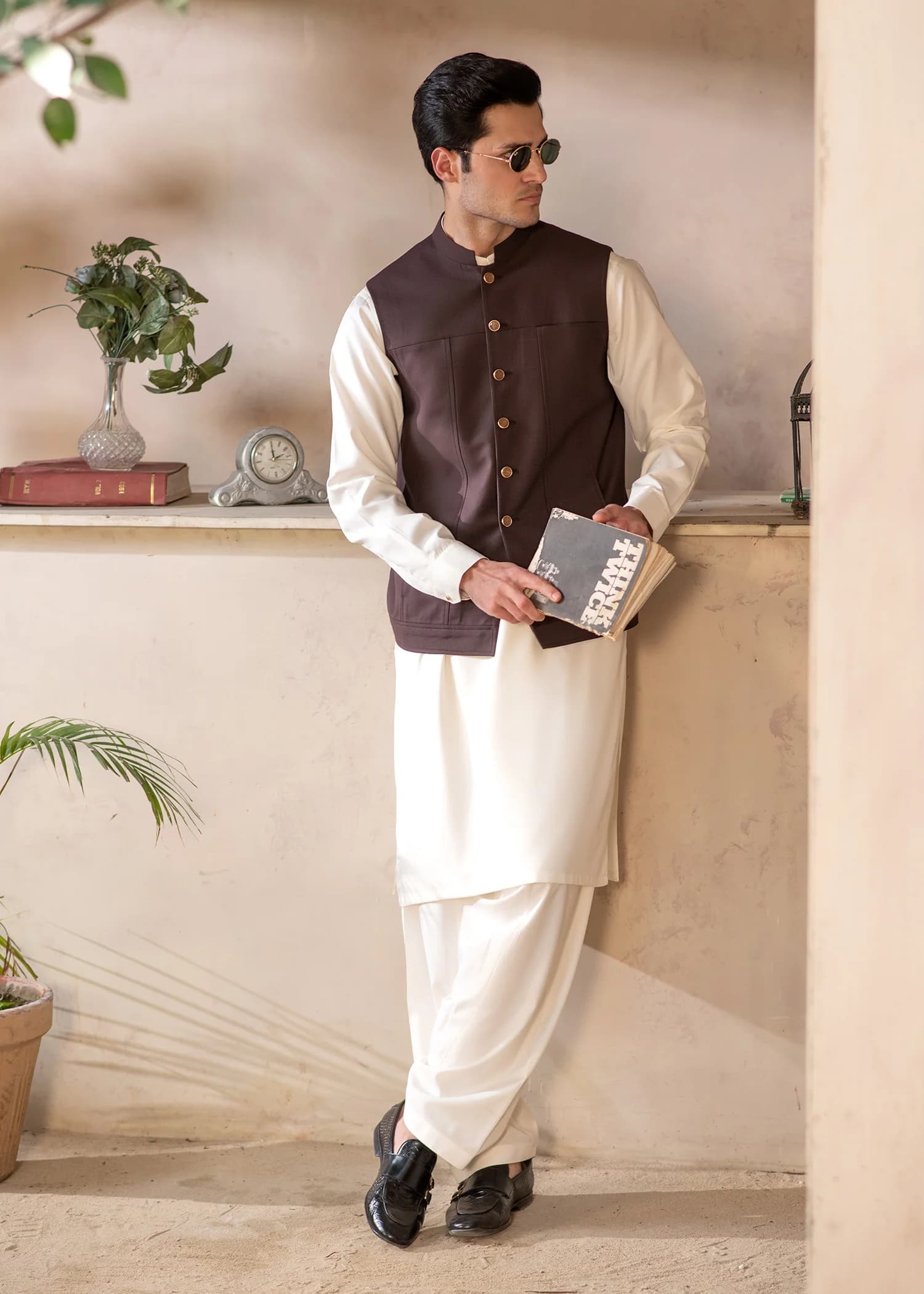 Premium Suiting Waistcoat Men's with two clean, vertical-aligned side pockets integrated into the waistcoat's front paneling for a sleek - Classic Fit Mandarin style